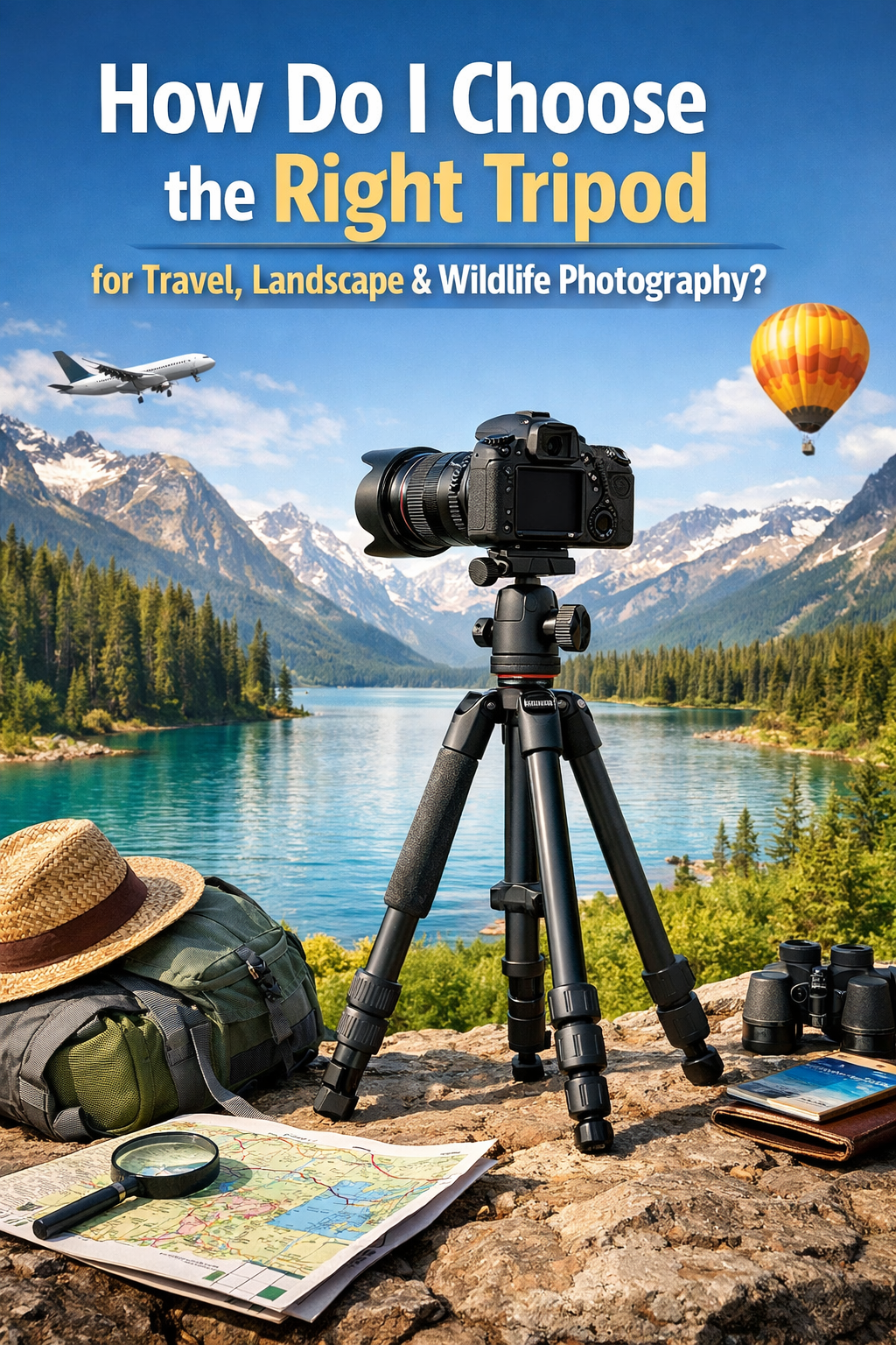Camera on a travel tripod beside a mountain lake – how to choose the right tripod for travel, landscape and wildlife