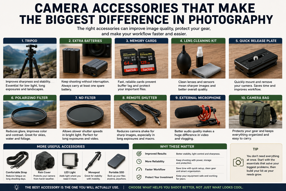Infographic: camera accessories that make the biggest difference – tripod, batteries, memory cards, filters, remote and microphone