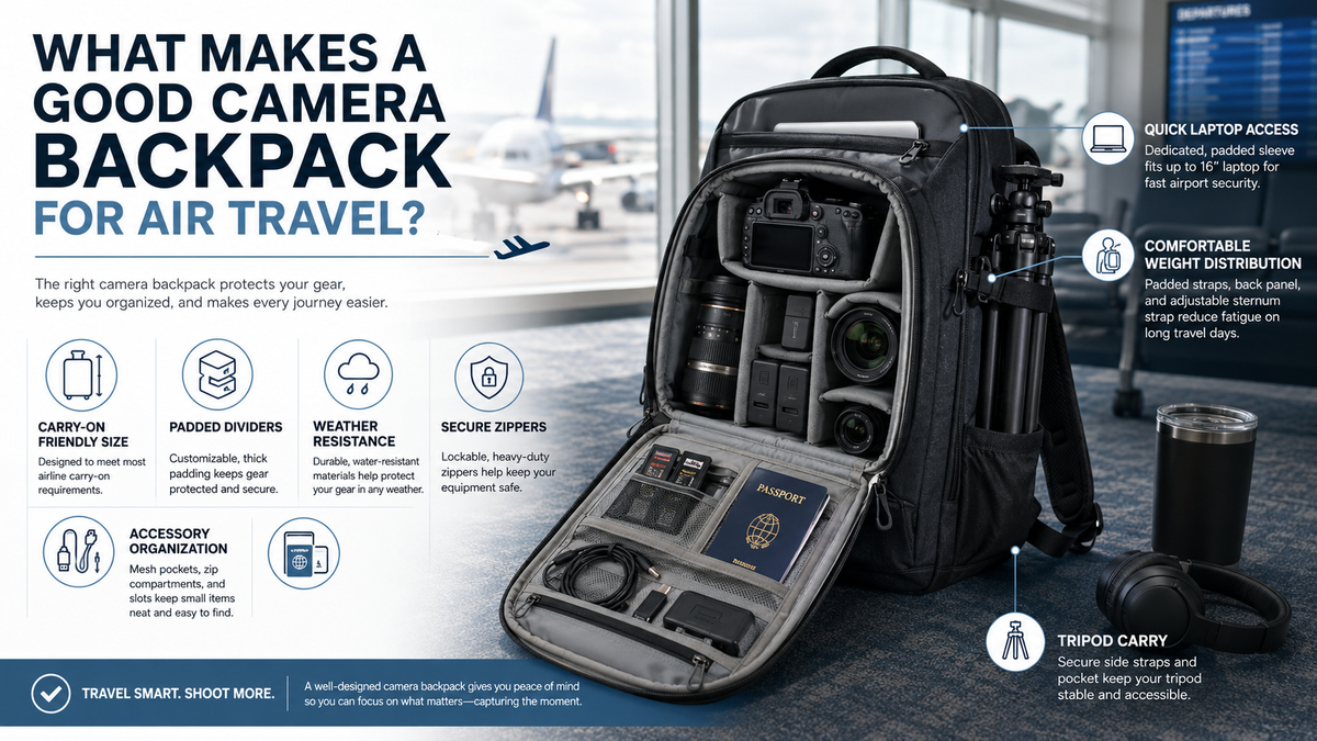 Infographic: what makes a good camera backpack for air travel – carry-on size, padding, laptop storage and tripod carry