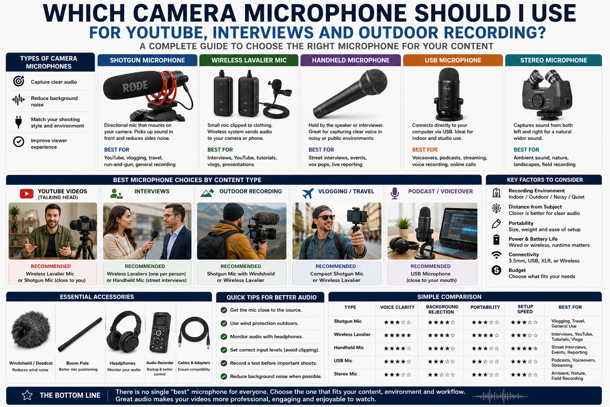Infographic: which camera microphone to use for YouTube, interviews and outdoor recording – shotgun, wireless lav, handheld and USB mics
